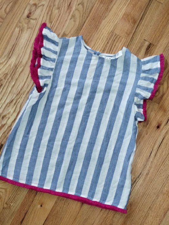 THML Tops - THML Blue and White Striped Flutter Sleeve Top with Pink Trim